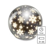 LED vianočná sklenená guľa vločky 12cm 3xAA vnútorný teplá biela časovač